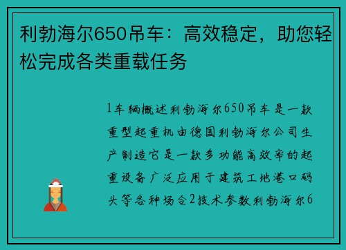 利勃海尔650吊车：高效稳定，助您轻松完成各类重载任务